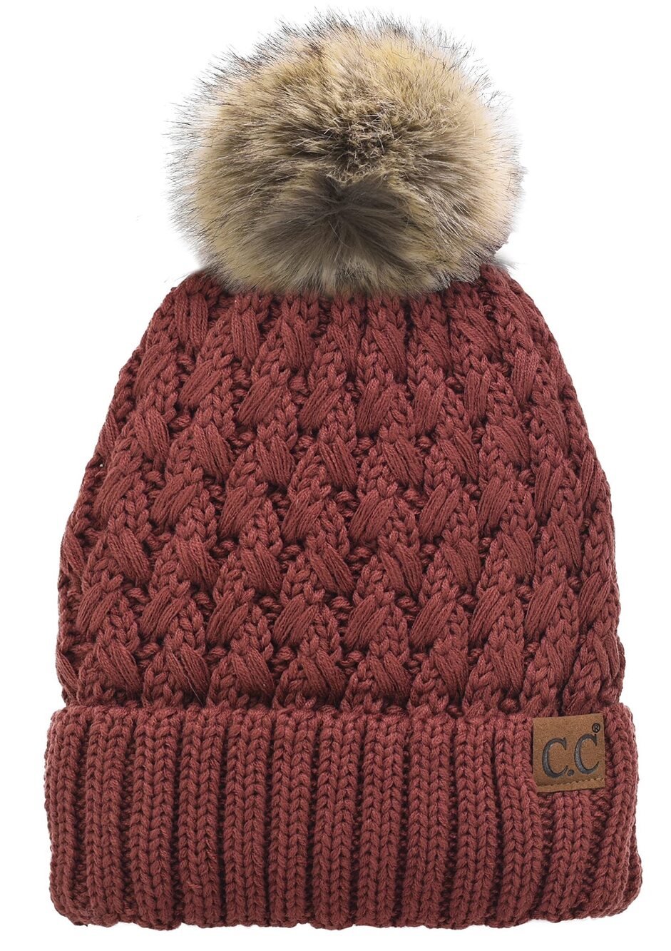 4058 Beanie ’s Thick Cable Knit Faux Fuzzy Fur Pom Lattice Crossover Fleece